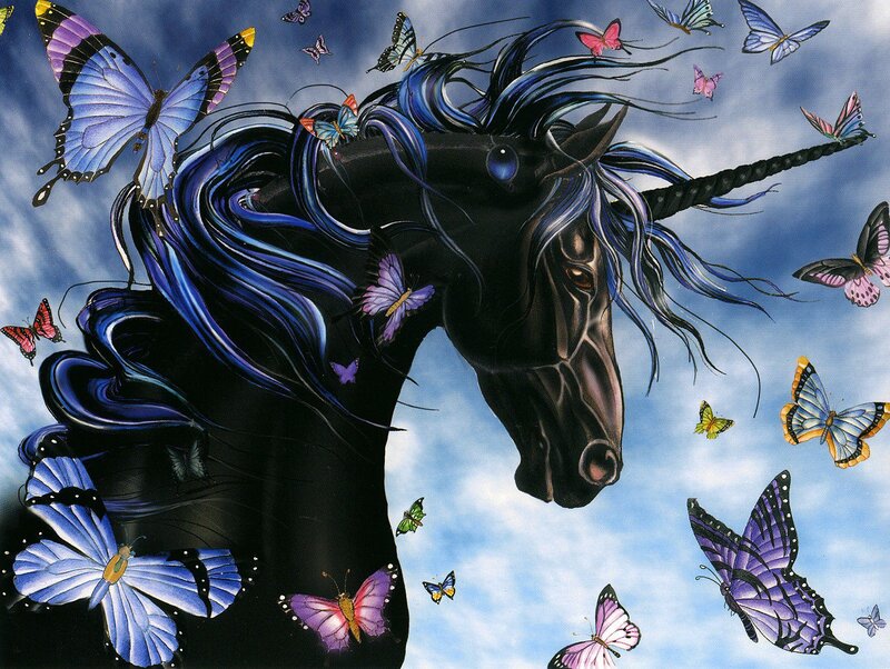 Black Unicorn with Butterflies