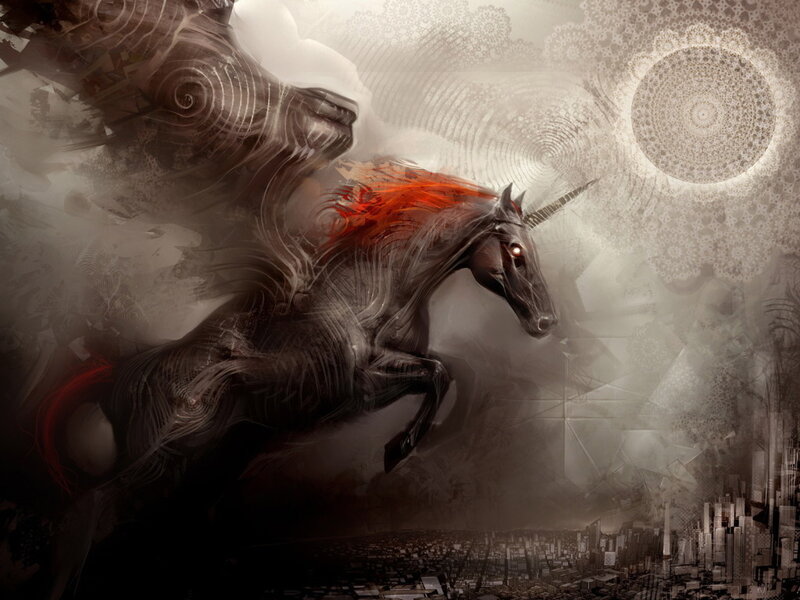 Black Unicorn with Red Mane — Gray