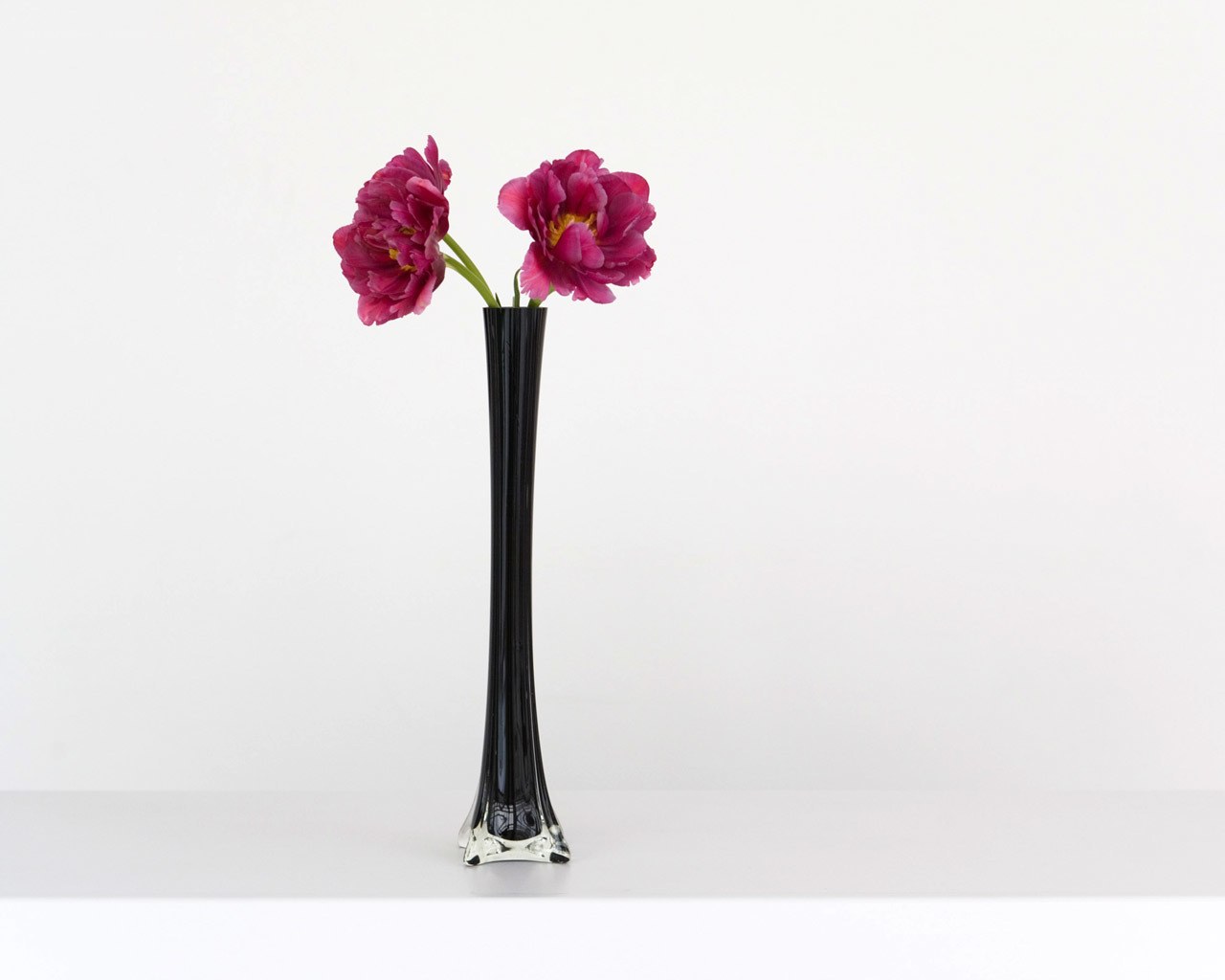 Black vase with pink flowers