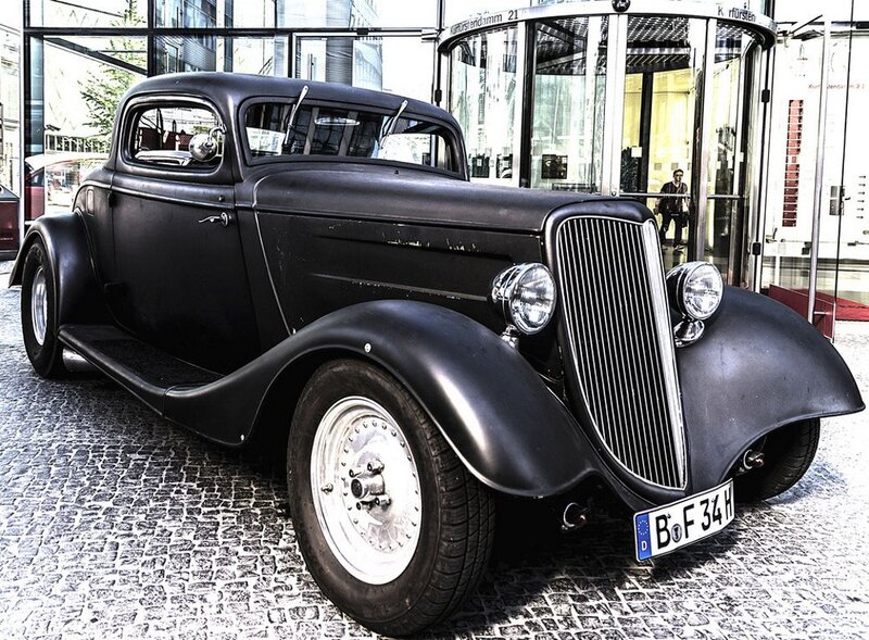 Black Vintage Car — Calm, Afternoon, Photograph, Building, Cobblestone