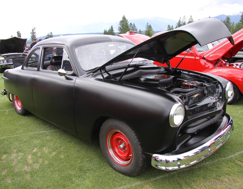 Black Vintage Car — Calm, Afternoon, Photograph, Red Wheels