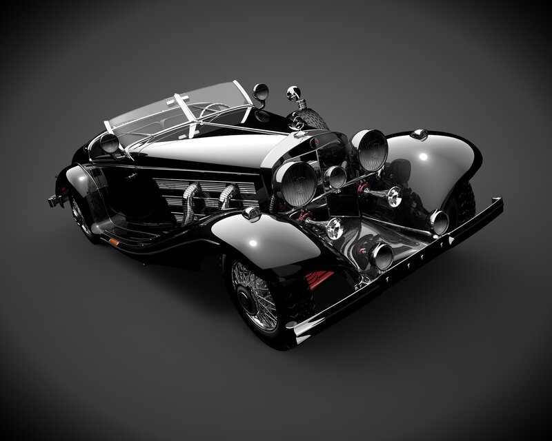 Black Vintage Car — Dramatic, 3d Render, Headlights, Spoked Wheels, Windshield