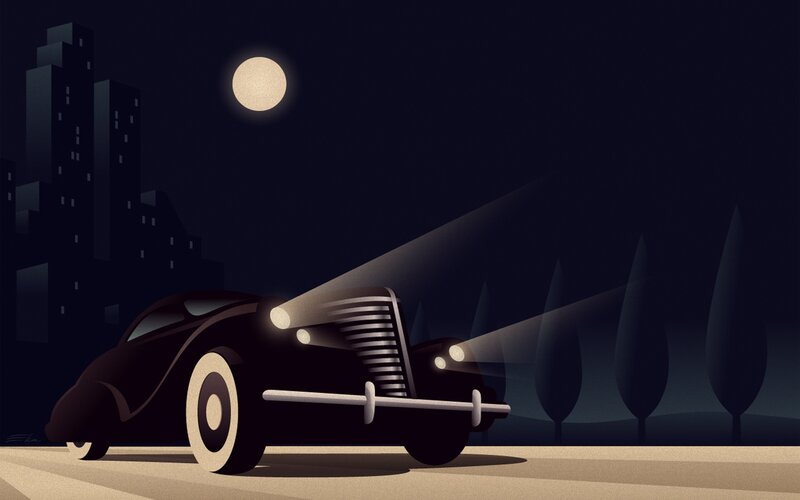 Black Vintage Car — Dramatic, Night, Illustration, Moon, City Skyline