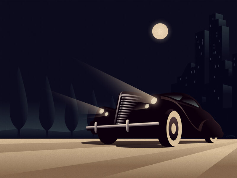 Black Vintage Car — Dramatic, Night, Illustration, Moon