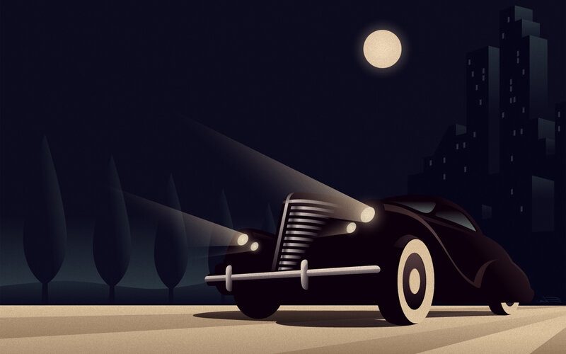 Black Vintage Car — Dramatic, Night, Illustration