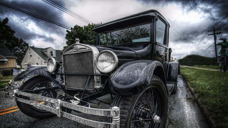 Black Vintage Car — Dramatic, Photograph, House, Cloudy Sky