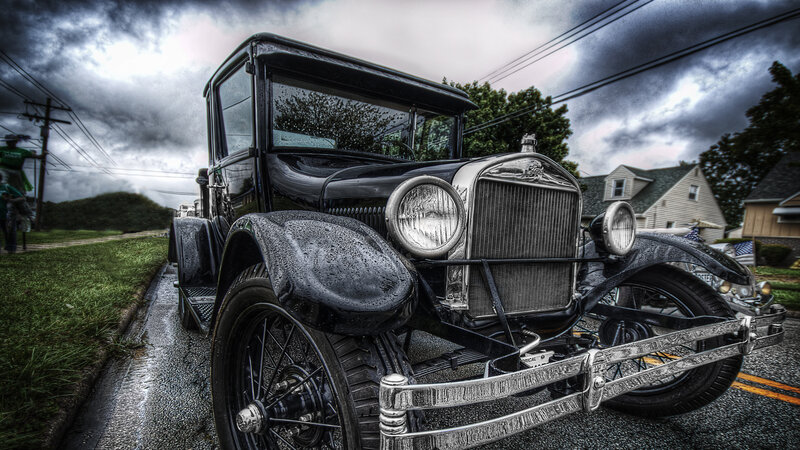 Black Vintage Car — Dramatic, Photograph, House