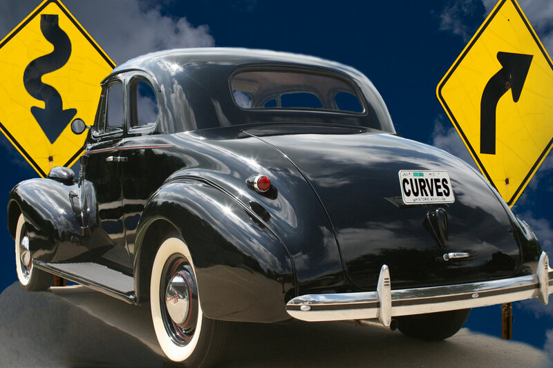 Black Vintage Car — Dramatic, Photograph, Road Signs