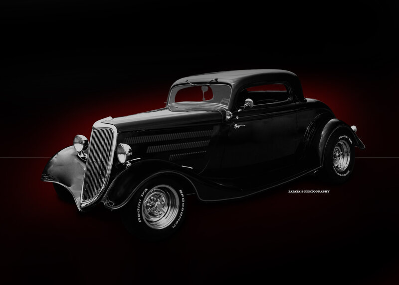 Black Vintage Car — Dramatic, Photograph, Tires