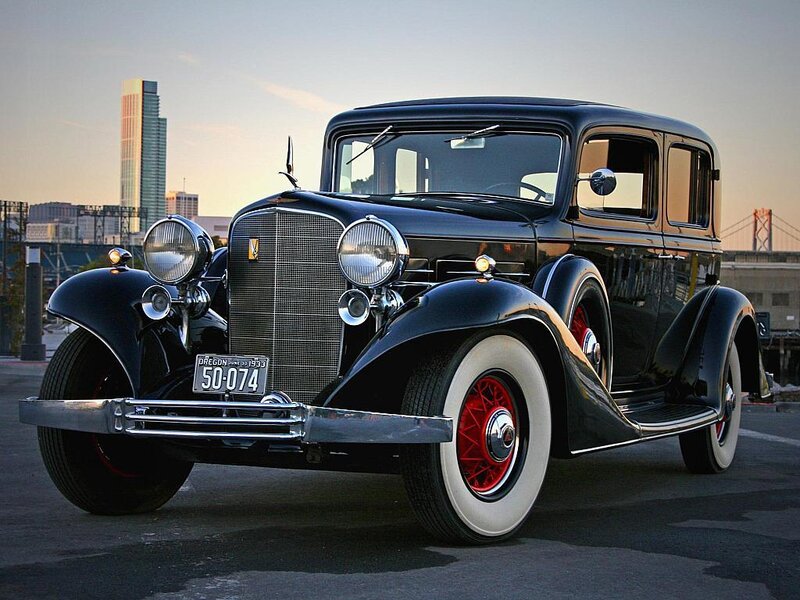 Black Vintage Car — Dramatic, Sunset, Photograph, City Skyline