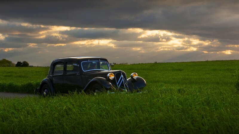 Black Vintage Car — Green, Dramatic, Sunset