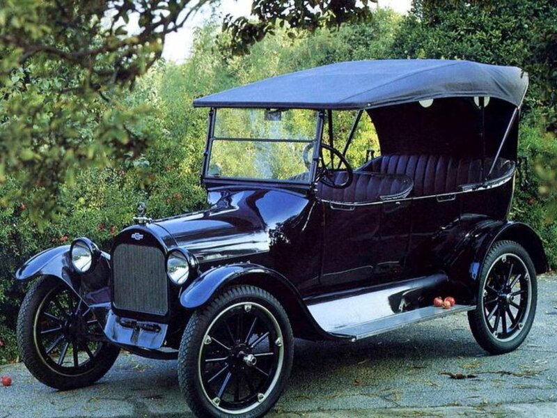 Black vintage car in garden