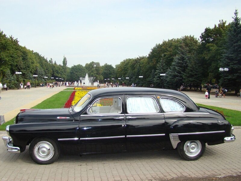 Black vintage car in park
