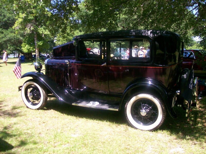 Black Vintage Car — Serene, Afternoon, Photograph, American Flag