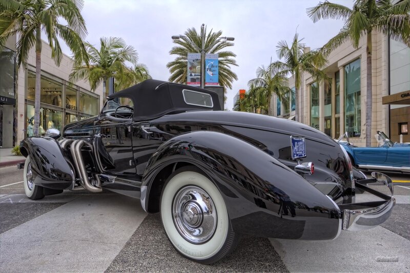 Black Vintage Convertible — Calm, Afternoon, Photograph, Palm Trees