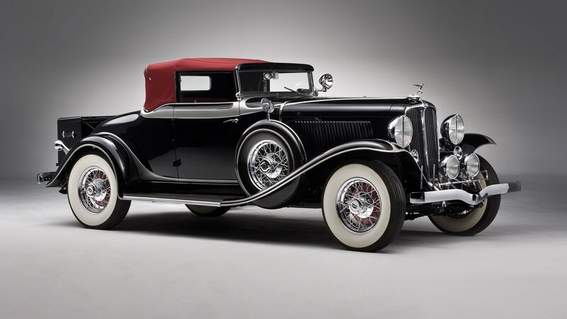 Black Vintage Convertible Car — Dramatic, Photograph, Red Soft Top, White-walled Tires