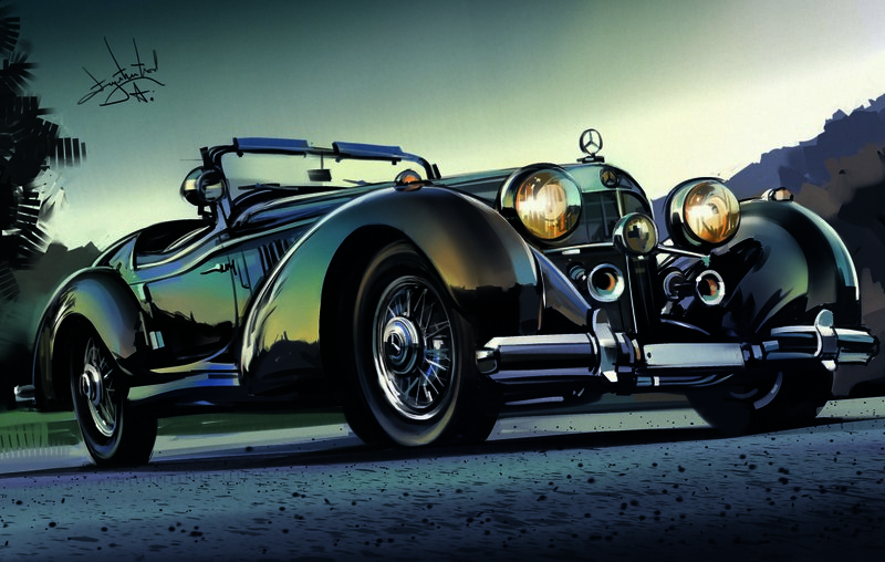 Black Vintage Convertible Car — Dramatic, Sunset