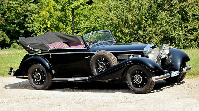 Black Vintage Convertible Car — Serene, Afternoon, Photograph, Trees, Grass