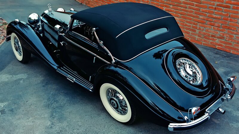 Black Vintage Convertible — Classic, Photograph, Brick Wall