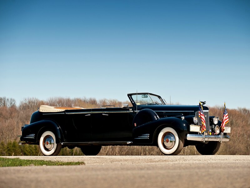 Black Vintage Convertible — Serene, Afternoon, Photograph, American Flags