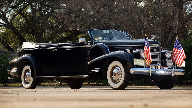 Black Vintage Convertible — Serene, Afternoon, Photograph, American Flags, Trees