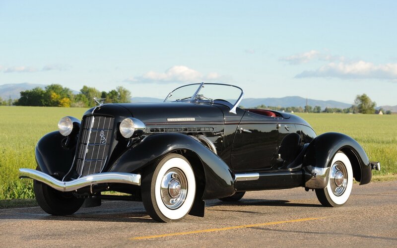 Black Vintage Convertible — Serene, Afternoon, Photograph, Field, Mountains