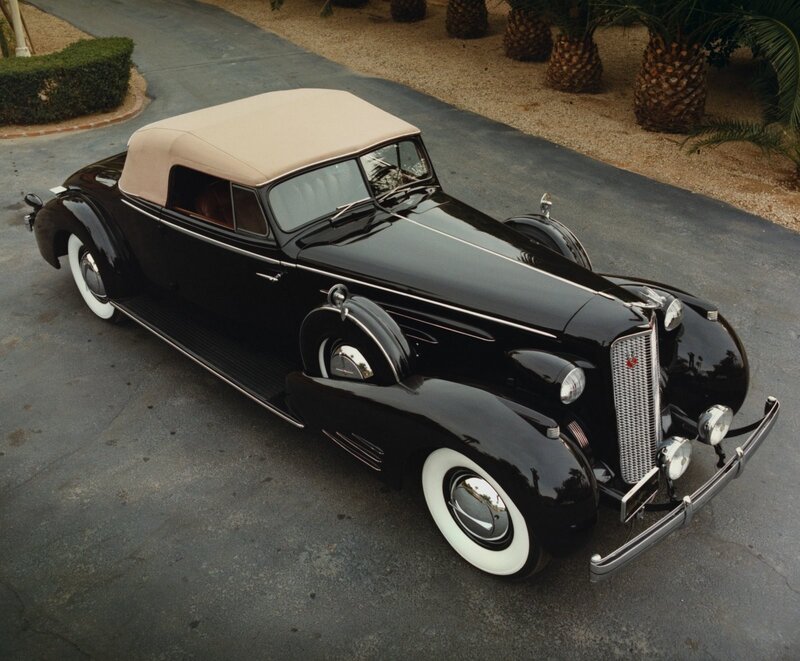 Black Vintage Convertible — Serene, Afternoon, Photograph, Palm Trees, Hedge