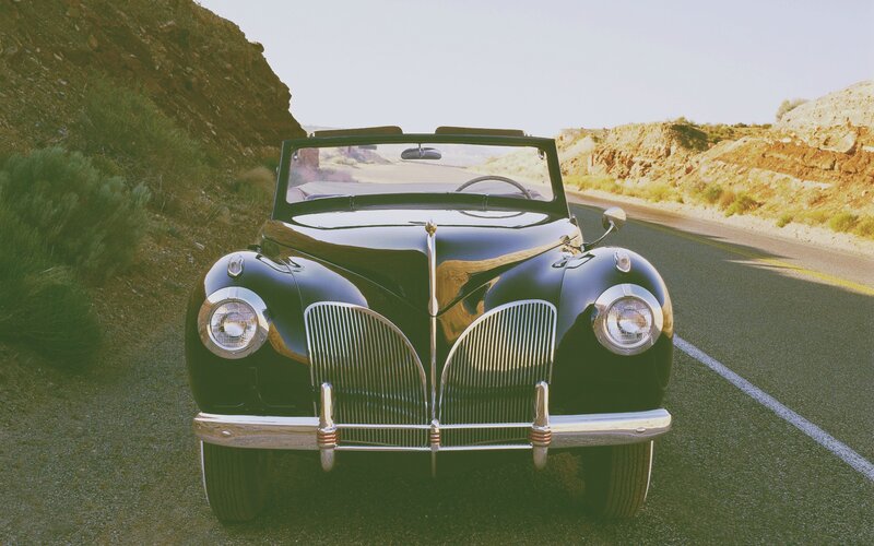 Black Vintage Convertible — Serene, Afternoon, Photograph, Road, Hills