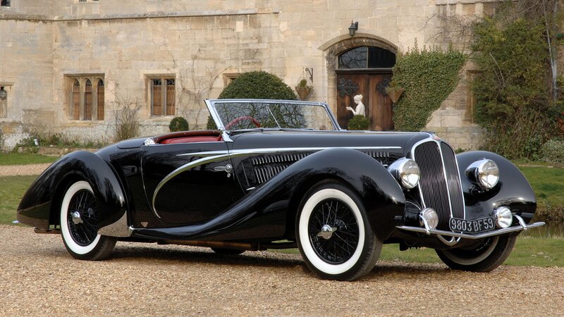 Black Vintage Convertible — Serene, Afternoon, Photograph, Stone Building