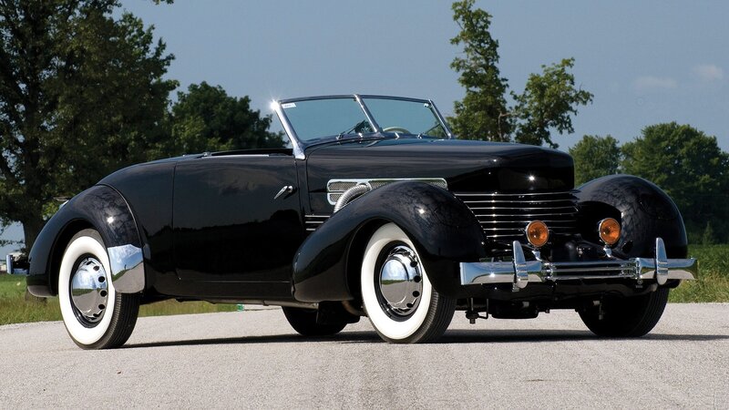 Black Vintage Convertible — Serene, Afternoon, Photograph, Trees, Road, Sky