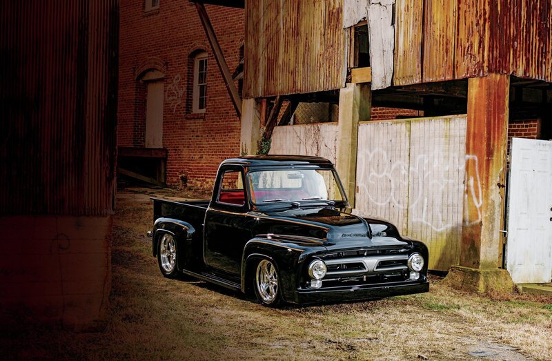 Black Vintage Pickup Truck — Dramatic, Afternoon, Photograph, Brick Building