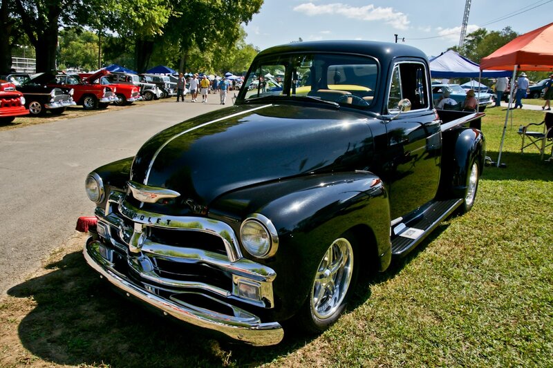 Black Vintage Pickup Truck — Outdoor, Afternoon, Photograph, Classic Cars, People