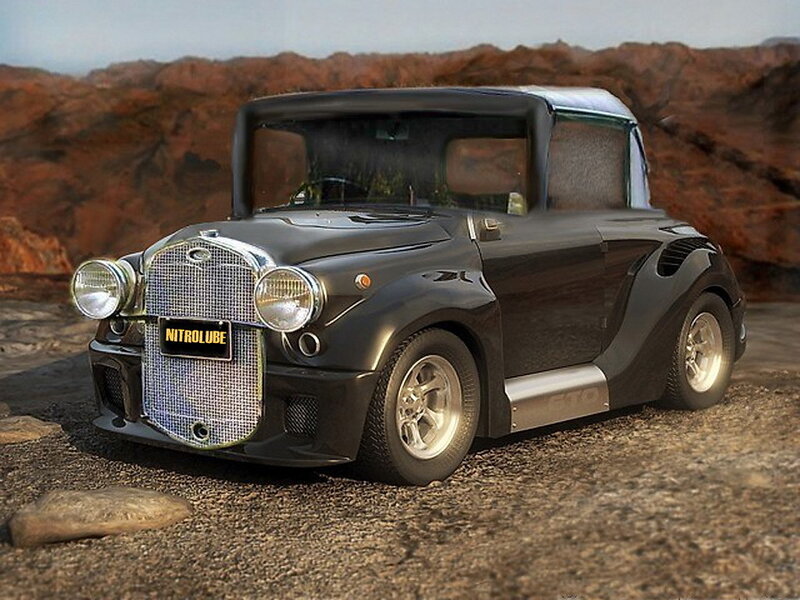 Black vintage-style car in desert