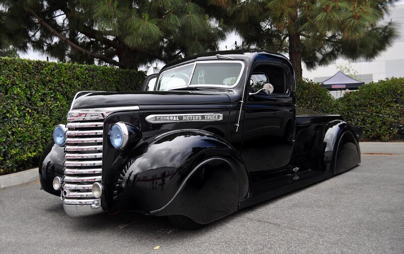 Black Vintage Truck — Calm, Afternoon, Photograph, Hedge