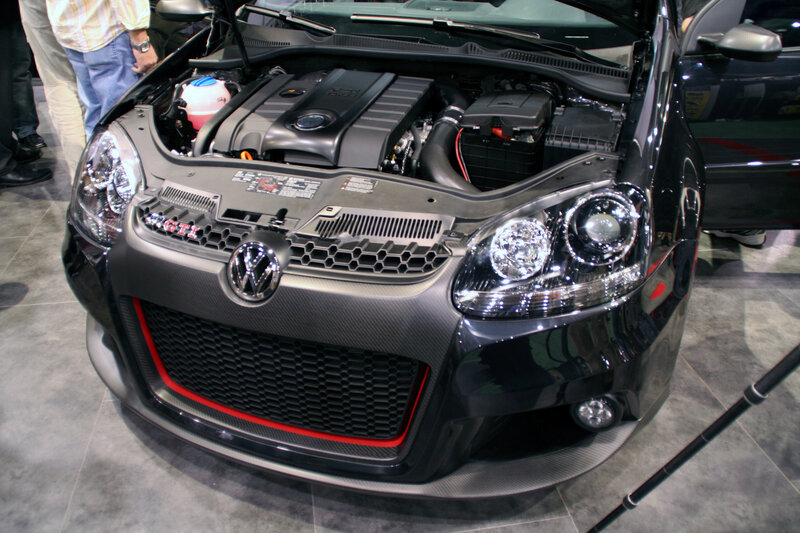 Black Volkswagen GTI with open hood