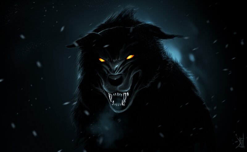 Black Werewolf in Snow — Menacing, Night