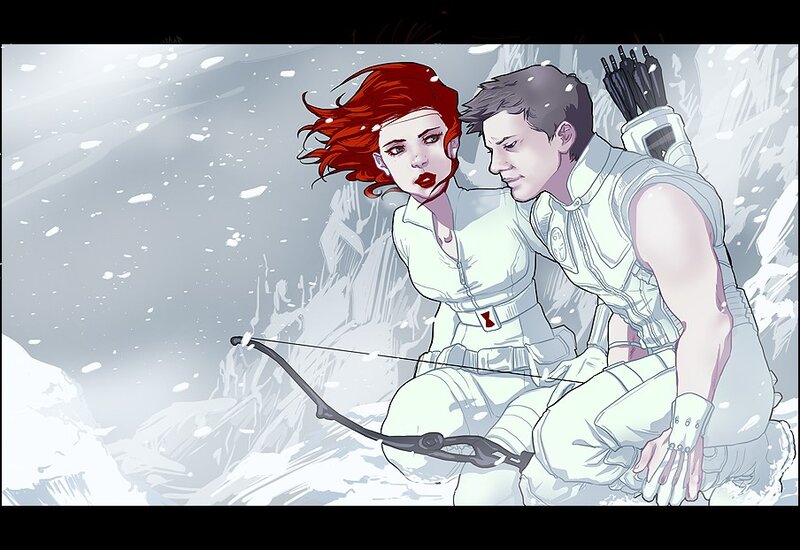 Black Widow and Hawkeye in snow
