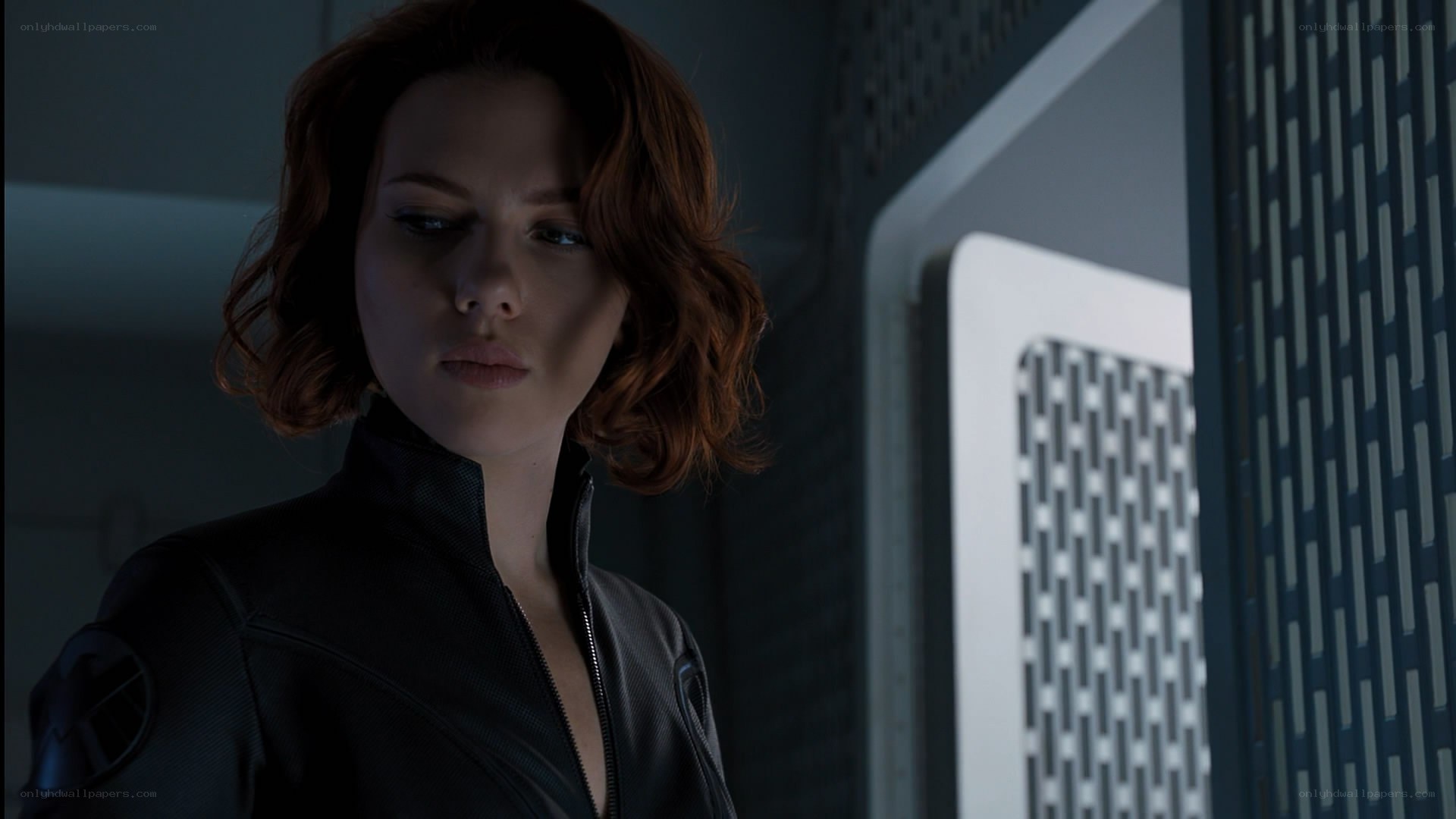 Black Widow in a dark corridor