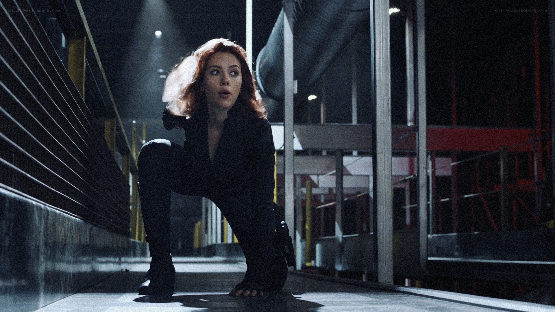 Black Widow in a warehouse