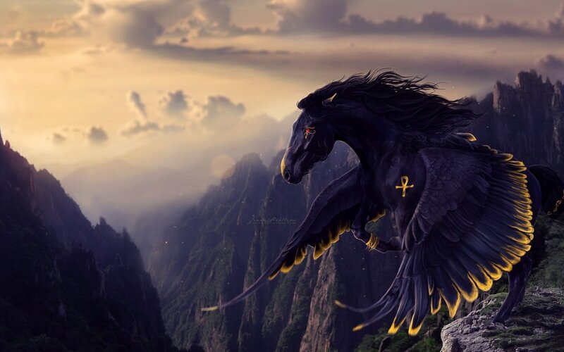 Black Winged Horse — Dramatic, Sunset, Digital Art, Mountains