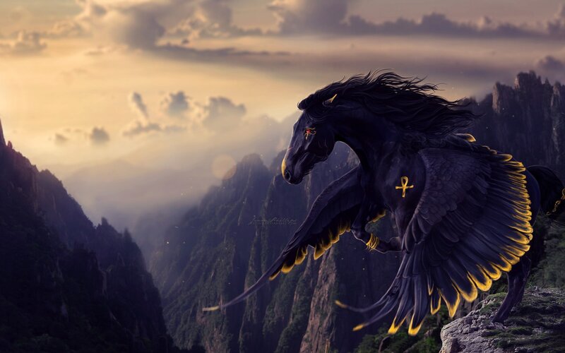 Black Winged Horse — Dramatic, Sunset, Digital Art