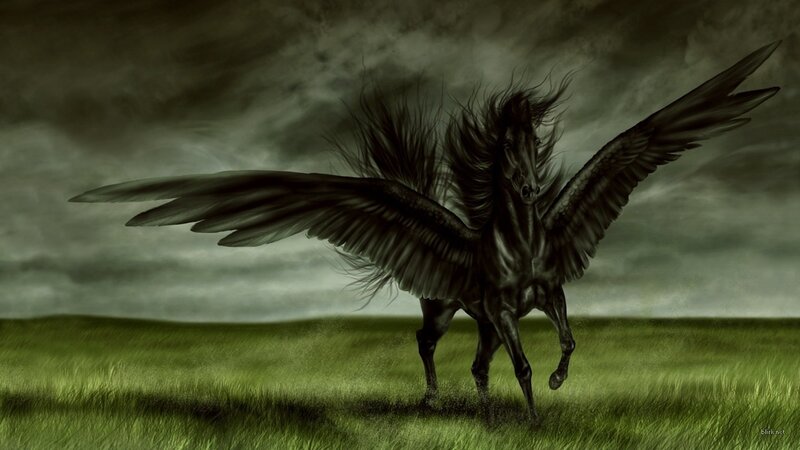 Black Winged Horse — Green, Dramatic, Digital Art