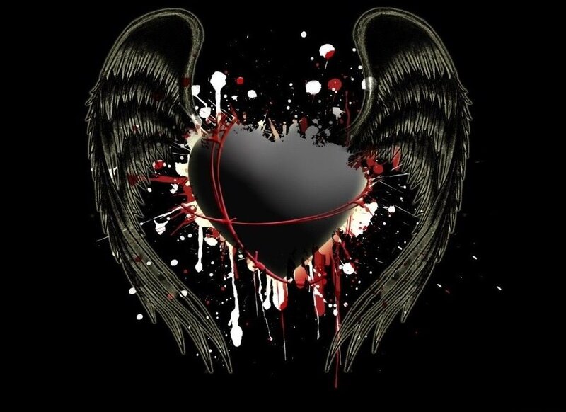 black wings with heart splatter