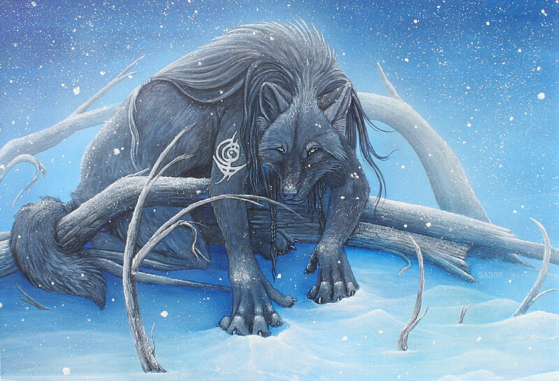 Black Wolf in Snow — Blue