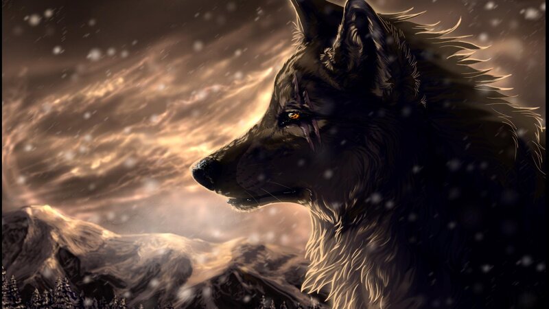 Black Wolf in Snow — Brown, Dramatic, Winter, Digital Art, Mountains
