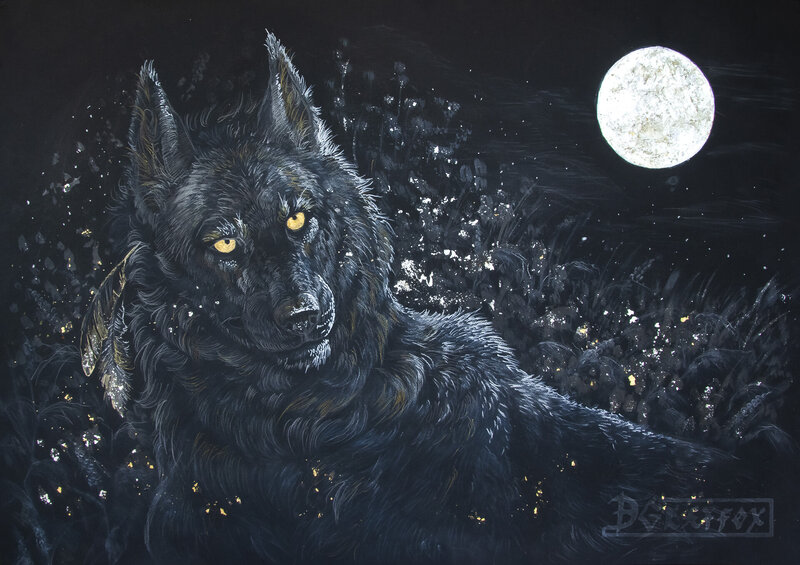 Black Wolf under Moon — Dramatic