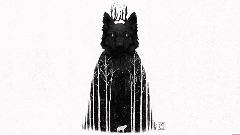 Black Wolf with Antlers