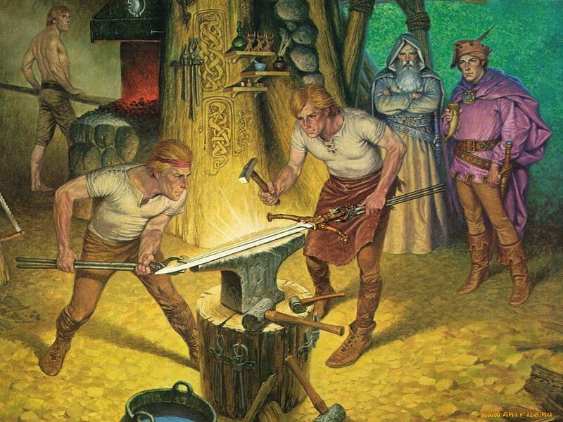Blacksmiths forging a sword