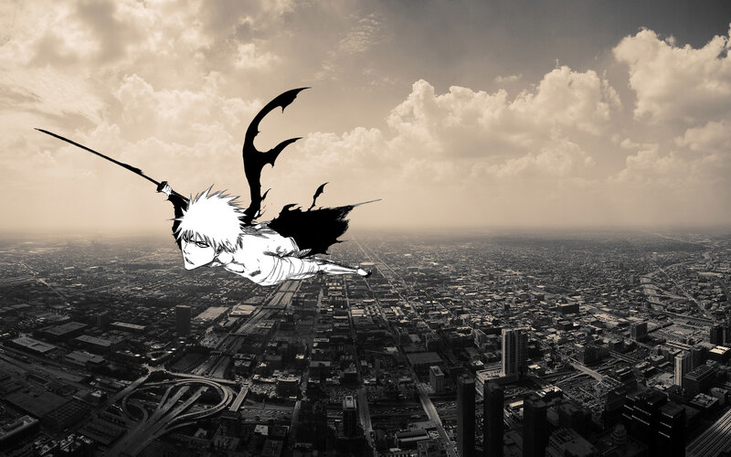 Bleach character flying over city