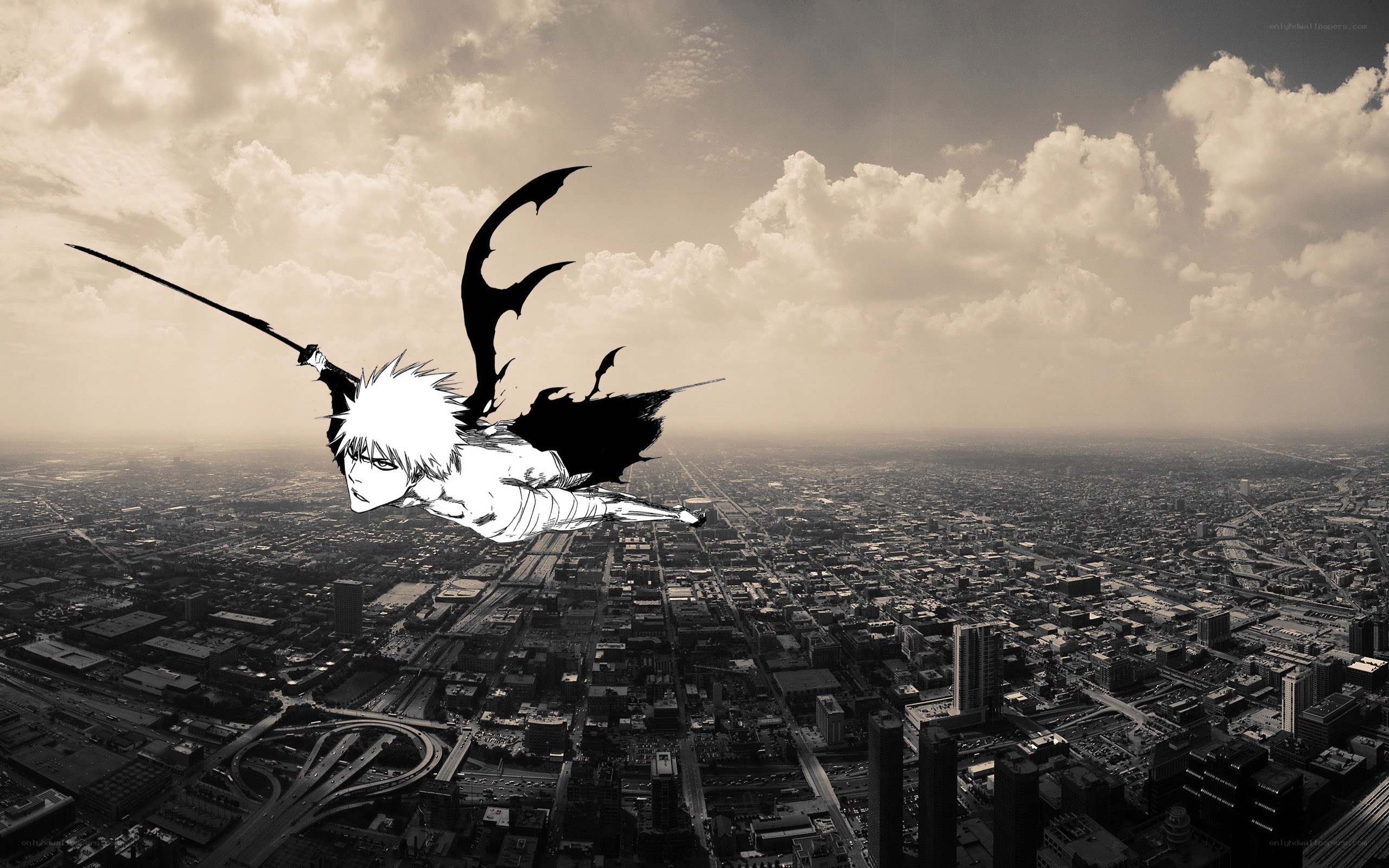 Bleach character flying over city